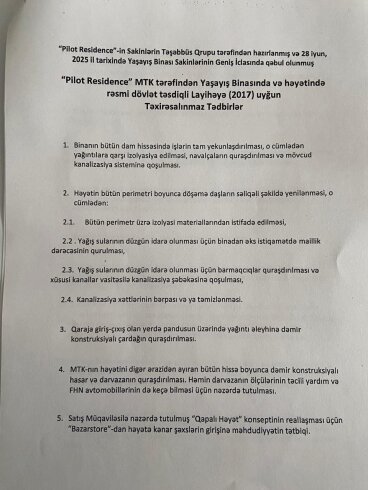 “Pilot Residence” MTK sakinlərinin fəryadı: illərdir çözülməyən problem – MƏKTUB (FOTOLAR)