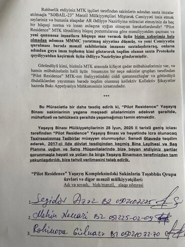 “Pilot Residence” MTK sakinlərinin fəryadı: illərdir çözülməyən problem – MƏKTUB (FOTOLAR)