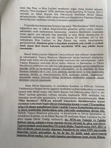 “Pilot Residence” MTK sakinlərinin fəryadı: illərdir çözülməyən problem – MƏKTUB (FOTOLAR)