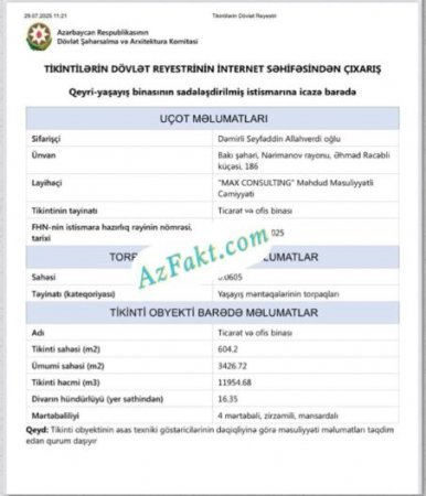 Binəqədi İcra Hakimiyyətinin baş məsləhətçisi milyonluq obyektə sahibdir -DE-FAKTO