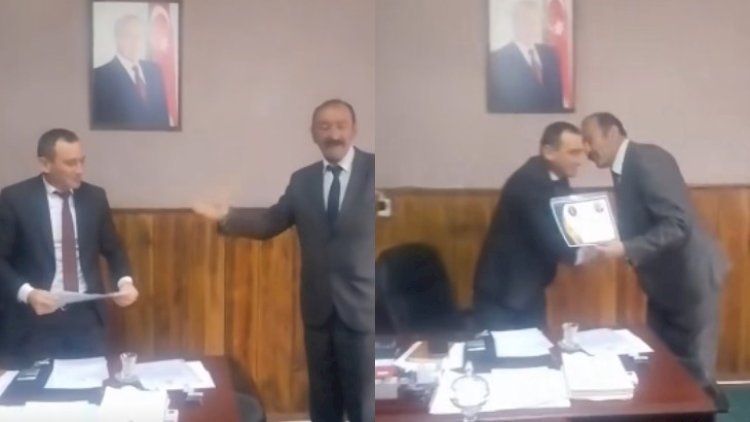 Bir məmuru heç düşməni də belə biabır edə bilməzdi: Guya mükafat alır – VİDEO
